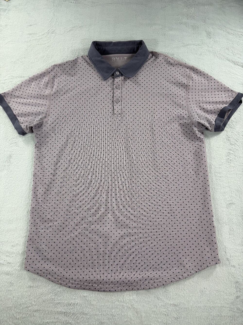BYLT Premium Basics Mens L Lux Drop Cut S/S Polo Shirt Polka Dot Purple Gray